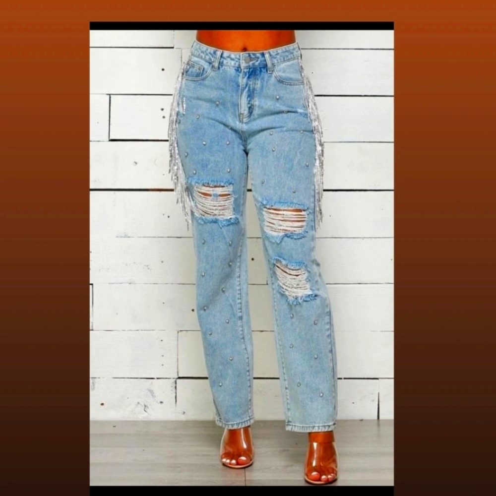 Fringe Embellished Gray Jeans